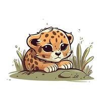 Cute cartoon cheetah sitting on the ground. Vector illustration.