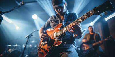 Music band group perform on a concert stage.Guitarist on stage for background. Generative AI photo