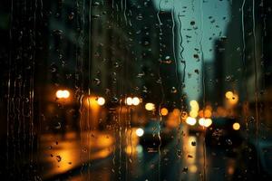 Image of a night street full of rain on a window, water drops. Generative AI photo