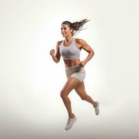 Female with a ponytail hair. Jogging Happy and energetic. white background .Generative AI photo