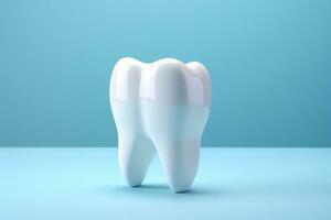 Tooth on blue backdrop with copy space. Generative AI photo