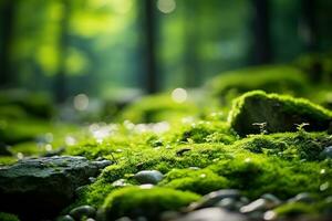 Beautiful Bright Green on the floor in the forest. Generative AI photo