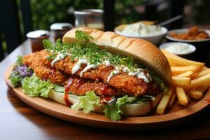 Fish burger with tomatoes, cheese slices and fresh lettuce. Generative AI photo