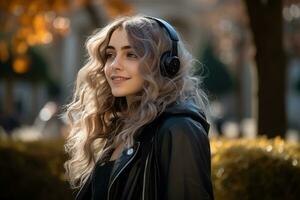 woman listens music with headphones on city street, Generative AI. photo