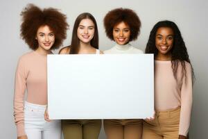 People of nationalities holding blank whiteboard. Generative AI photo