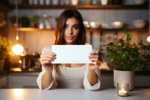 A beauty influencer is holding a blank white horizontal card. Generative AI photo