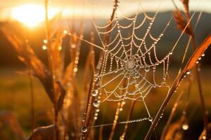 Close up Sunrise backlit dew drops clinging to a delicate spider web. Generative AI photo