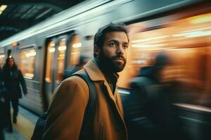 Man stand waiting train in subway fast moving. Generative AI photo