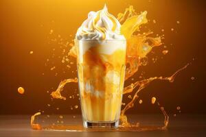 Mango smoothie frappe effect swirling wave Mango milk splash around glass. Generative AI photo