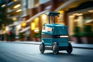 Robot delivering packages to people's homes, reflecting the future. Generative AI photo