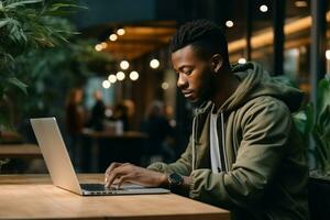 Side view African American people wear hood use laptop on table in coffee cafe. Generative AI photo