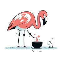 Flamingo drinking water from a bowl. Vector illustration in cartoon style.