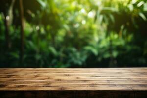 Empty table surface no objects on the table, blurred bamboo forest in the background. Generative AI photo