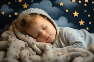 un pequeño niño es dormido en suave nubes, rodeado por espacio, estrellado cielo y paz. generativo ai foto