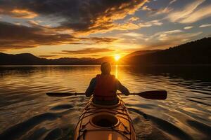 Model kayaking on a tranquil lake at sunset. Generative AI photo