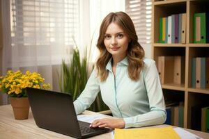 mujer, con un contento cara sentado en su oficina, su computadora Bosquejo pantalla. generativo ai foto