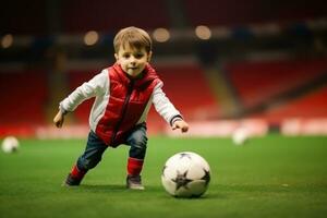 Dribbling small boy plays football in stadium. Generative AI photo