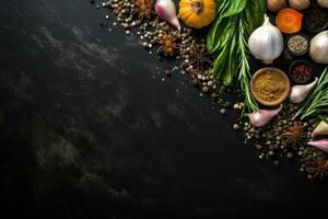 rosemary, garlic, spices on dark black concrete table background, clear and clean view, top view. Generative AI photo