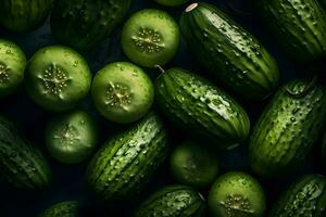 Fresh background with a set of cucumbers. Neural network AI generated photo