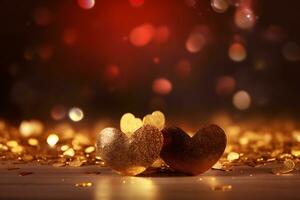 Gold hearts, glitters and bokeh background. Neural network AI generated photo