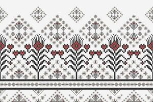 Geometric floral border embroidery pattern. Ethnic geometric floral pixel art seamless pattern on white background. Ethnic floral stitch pattern use for textile, border, home decoration element vector
