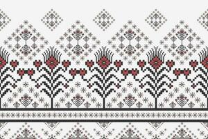 Geometric floral border embroidery pattern. Ethnic geometric floral pixel art seamless pattern on white background. Ethnic floral stitch pattern use for textile, border, home decoration element vector