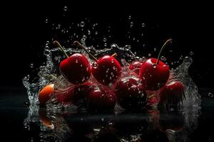 Cherries in a splash of water on a black background. Neural network AI generated photo