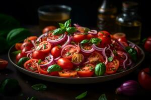 Salad with onions and tomatoes. Neural network AI generated photo