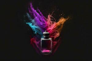 Perfume bottle splash of colored sand paint. Neural network generated art photo