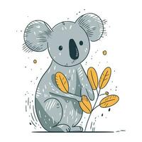 Cute koala with leaves. Hand drawn vector illustration in cartoon style.