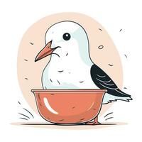 Vector illustration of a cute cartoon seagull in a bowl.
