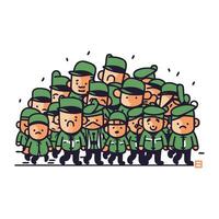 Cartoon army soldiers standing in a row. Vector illustration on white background.