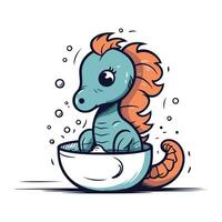 Cute cartoon seahorse in a bowl. Vector illustration.