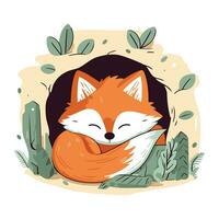 Cute fox character sleeping in the cat house. Vector illustration.