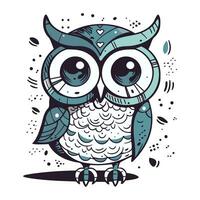 Cute cartoon owl with big eyes. Hand drawn vector illustration.