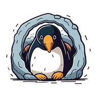 Penguin peeking out of a hole. Vector illustration.