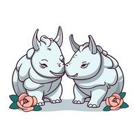 Rhinoceros couple. Cartoon vector illustration isolated on white background.