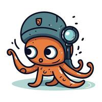 Cute cartoon octopus in helmet and glasses. Vector illustration.