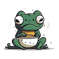 Cartoon frog eating a bowl of porridge. Vector illustration.