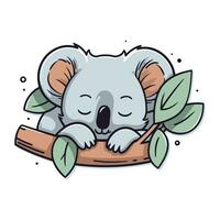 Cute koala sleeping on a branch with leaves. Vector illustration.