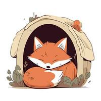 Cute fox sleeping in a doghouse. Vector illustration.