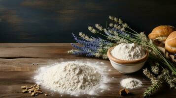 diseño para un pan harina ingredientes comida fotografía textura bandera detallado. generativo ai foto