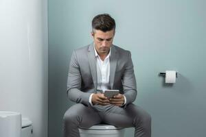 hombre sentado en baño utilizando móvil teléfono. generativo ai foto