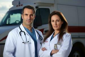 A team of doctors and nurses stand in front of an ambulance. Generative AI photo