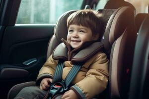 niño es jugando con temprano infancia educación juguetes en el auto, coche asiento. generativo ai foto