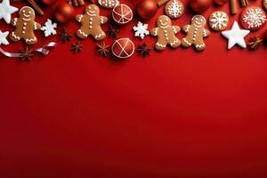 Christmas Banner with some presents, gingerbread man cookies on red background. Generative AI photo