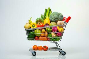 compras carretilla lleno con vegetales y frutas generativo ai foto