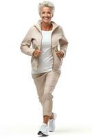 senior woman jogging Happy and energetic generation in white background. Generative AI photo