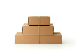 Clean, plain cardboard boxes in stock , white background, isolated on white. Generative AI photo