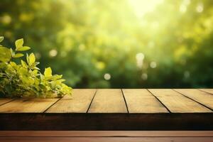 hyper realistic image of a wooden table, green and yellow sunny background. Generative AI photo
